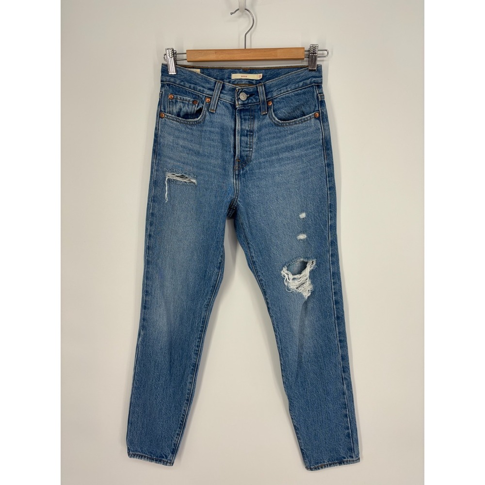 Levis Jeans Womens Sz 25 Blue Wedgie Icon Fit  Ankle Holes Distressed Button Fly